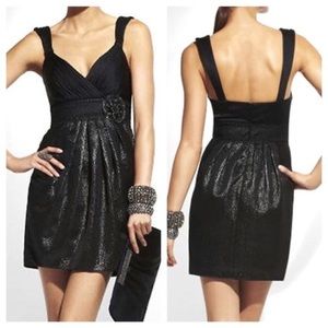 BCBGMaxAzria Black Satin Rosette Mini Dress Metallic Jacquard Bubble Hem Prom 0